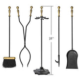 Amagabeli 5 Pieces Fireplace Tools Sets Brass Handles Wrought Iron Set and Holder Indoor Outdoor Fireset Fire Pit Stand Rustic Tongs Shovel Brush Chimney Poker Wood Stove Hearth Accessories Kit Large
