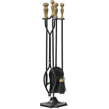 Amagabeli 5 Pieces Fireplace Tools Sets Brass Handles Wrought Iron Set and Holder Indoor Outdoor Fireset Fire Pit Stand Rustic Tongs Shovel Brush Chimney Poker Wood Stove Hearth Accessories Kit Large
