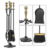 Amagabeli 5 Pieces Fireplace Tools Sets Brass Handles Wrought Iron Set and Holder Indoor Outdoor Fireset Fire Pit Stand Rustic Tongs Shovel Brush Chimney Poker Wood Stove Hearth Accessories Kit Large