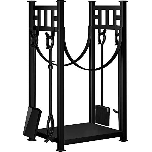 Amagabeli 31.6in Large Firewood Rack Fireplace Rack Indoor Bin Log Holder with Fireplace Tool Rack Tall Wood Log Rack Fireside Outdoor Lumber Storage Stacking with Wrought Iron Tools Black