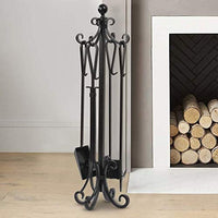 Amagabeli 5 Pieces Scroll Fireplace Tools Cast Iron Indoor Firewood Tools with Log Holder Outdoor Fireset Pit Stand Large Tongs Shovel Antique Broom Chimney Poker Wood Stove Hearth Accessories Black