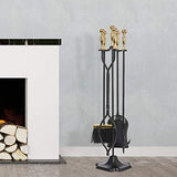 Amagabeli 5 Pcs Large Fireplace Tools Sets Golden Handle Wrought Iron Tool Set and Holder Outdoor Fireset Fire Pit Stand Indoor Tongs Shovel Antique Brush Chimney Poker Wood Stove Hearth Accessories