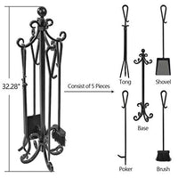 Amagabeli 5 Pieces Scroll Fireplace Tools Cast Iron Indoor Firewood Tools with Log Holder Outdoor Fireset Pit Stand Large Tongs Shovel Antique Broom Chimney Poker Wood Stove Hearth Accessories Black