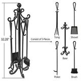 Amagabeli 5 Pieces Scroll Fireplace Tools Cast Iron Indoor Firewood Tools with Log Holder Outdoor Fireset Pit Stand Large Tongs Shovel Antique Broom Chimney Poker Wood Stove Hearth Accessories Black