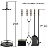 Amagabeli 30in Fireplace Tools Set Brass Handle 5Pieces Wrought Iron Indoor Fireset Stand Wood Log Holder Outdoor Fire Pit Hearth Accessories Kit Antique Fire Tongs Shovel Brush Chimney Poker Tool Set