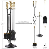 Amagabeli 5 Pcs Large Fireplace Tools Sets Golden Handle Wrought Iron Tool Set and Holder Outdoor Fireset Fire Pit Stand Indoor Tongs Shovel Antique Brush Chimney Poker Wood Stove Hearth Accessories