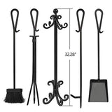 Amagabeli 5 Pieces Scroll Fireplace Tools Cast Iron Indoor Firewood Tools with Log Holder Outdoor Fireset Pit Stand Large Tongs Shovel Antique Broom Chimney Poker Wood Stove Hearth Accessories Black