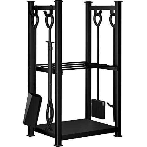 Amagabeli 28.3in Large Firewood Rack Indoor Fireplace Tool Rack Outdoor Log Rack with 4 Tools Wood Holder Bin Firewood Holders Lumber Storage Stacking Black Wrought Iron Fireplace Logs Holder Stove