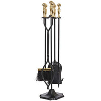 Amagabeli 5 Pcs Large Fireplace Tools Sets Golden Handle Wrought Iron Tool Set and Holder Outdoor Fireset Fire Pit Stand Indoor Tongs Shovel Antique Brush Chimney Poker Wood Stove Hearth Accessories