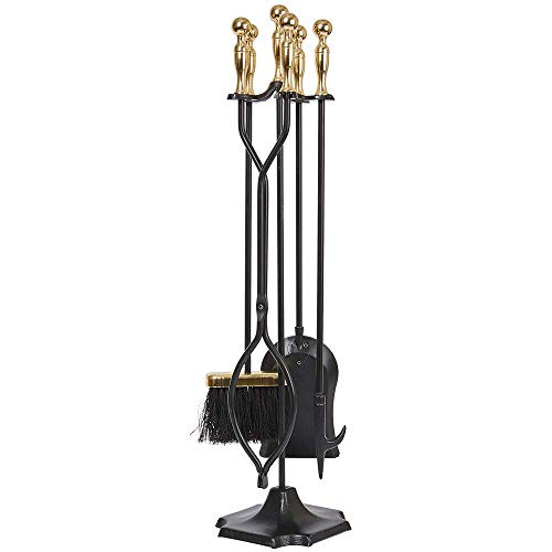 Amagabeli 5 Pcs Large Fireplace Tools Sets Golden Handle Wrought Iron Tool Set and Holder Outdoor Fireset Fire Pit Stand Indoor Tongs Shovel Antique Brush Chimney Poker Wood Stove Hearth Accessories