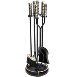 Amagabeli 30in Fireplace Tools Set Brass Handle 5Pieces Wrought Iron Indoor Fireset Stand Wood Log Holder Outdoor Fire Pit Hearth Accessories Kit Antique Fire Tongs Shovel Brush Chimney Poker Tool Set