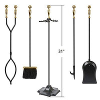 Amagabeli 5 Pcs Large Fireplace Tools Sets Golden Handle Wrought Iron Tool Set and Holder Outdoor Fireset Fire Pit Stand Indoor Tongs Shovel Antique Brush Chimney Poker Wood Stove Hearth Accessories