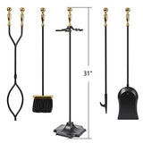Amagabeli 5 Pcs Large Fireplace Tools Sets Golden Handle Wrought Iron Tool Set and Holder Outdoor Fireset Fire Pit Stand Indoor Tongs Shovel Antique Brush Chimney Poker Wood Stove Hearth Accessories