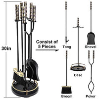 Amagabeli 30in Fireplace Tools Set Brass Handle 5Pieces Wrought Iron Indoor Fireset Stand Wood Log Holder Outdoor Fire Pit Hearth Accessories Kit Antique Fire Tongs Shovel Brush Chimney Poker Tool Set