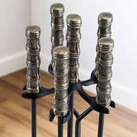 Amagabeli 30in Fireplace Tools Set Brass Handle 5Pieces Wrought Iron Indoor Fireset Stand Wood Log Holder Outdoor Fire Pit Hearth Accessories Kit Antique Fire Tongs Shovel Brush Chimney Poker Tool Set