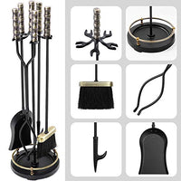 Amagabeli 30in Fireplace Tools Set Brass Handle 5Pieces Wrought Iron Indoor Fireset Stand Wood Log Holder Outdoor Fire Pit Hearth Accessories Kit Antique Fire Tongs Shovel Brush Chimney Poker Tool Set