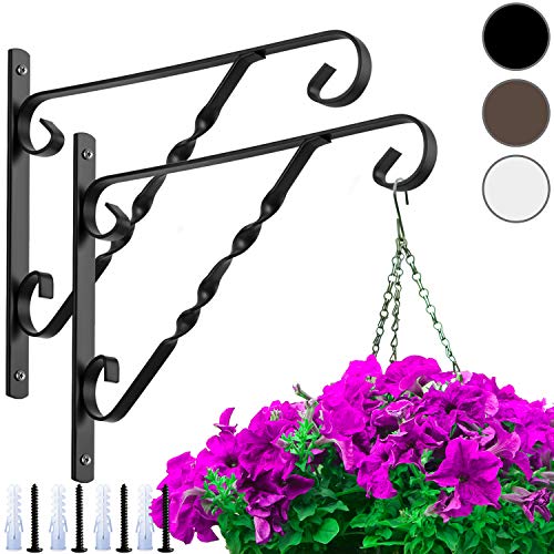 Amagabeli 2 Pack Hanging Plants Bracket 12'' for Outdoor Hook Hangers Planter Flower Baskets Pot Bird Feeder Wind Chime Lantern Patio Lawn Garden Shelf Fence Screw Wall Mount Arm Hardware Metal Black