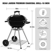BEAU JARDIN Portable Charcoal Grill for Outdoor 18 inch Barbecue Grill and Smoker Heat Control Round BBQ Kettle Outdoor Picnic Patio Backyard Camping Tailgating Steel Cooking Grate for Steak Chicken