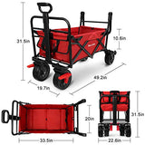 BEAU JARDIN Folding Wagon Cart with Brakes Free Standing Collapsible Utility Camping Grocery Canvas Fabric Sturdy Portable Rolling Buggies Outdoor Garden Sport Heavy Duty Shopping Cart Push Wagons Red
