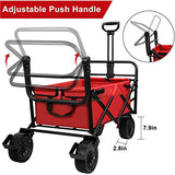 BEAU JARDIN Folding Wagon Cart with Brakes Free Standing Collapsible Utility Camping Grocery Canvas Fabric Sturdy Portable Rolling Buggies Outdoor Garden Sport Heavy Duty Shopping Cart Push Wagons Red
