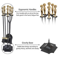 Amagabeli 5 Pcs Large Fireplace Tools Sets Golden Handle Wrought Iron Tool Set and Holder Outdoor Fireset Fire Pit Stand Indoor Tongs Shovel Antique Brush Chimney Poker Wood Stove Hearth Accessories