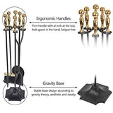 Amagabeli 5 Pcs Large Fireplace Tools Sets Golden Handle Wrought Iron Tool Set and Holder Outdoor Fireset Fire Pit Stand Indoor Tongs Shovel Antique Brush Chimney Poker Wood Stove Hearth Accessories