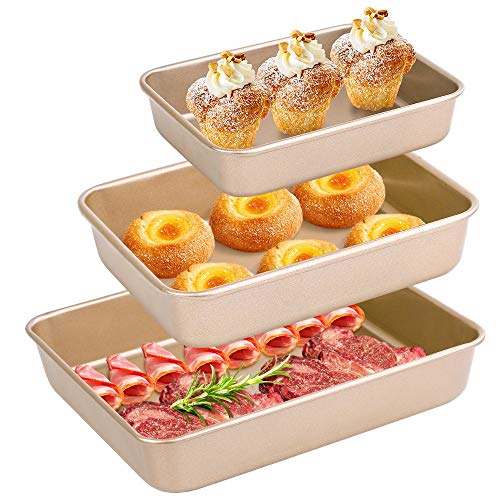 Amagabeli Nonstick Bakeware Set of 3 Pieces Bread Pan Baking Pan Cookie Sheets 9/11/13 inch Carbon Steel Cake Pans Bread Tray Bake Mold Roasting Pan Cooking Oven Toaster Pan Golden