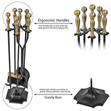 Amagabeli 5 Pieces Fireplace Tools Sets Brass Handles Wrought Iron Set and Holder Indoor Outdoor Fireset Fire Pit Stand Rustic Tongs Shovel Brush Chimney Poker Wood Stove Hearth Accessories Kit Large