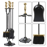 Amagabeli 5 Pcs Large Fireplace Tools Sets Golden Handle Wrought Iron Tool Set and Holder Outdoor Fireset Fire Pit Stand Indoor Tongs Shovel Antique Brush Chimney Poker Wood Stove Hearth Accessories