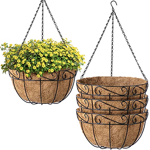 Amagabeli 4 Pack Hanging Baskets for Plants Planter Metal Outdoor 12 Inch with Coco Coir Liner Round Wire Plant Holder Chain Porch Decor Flower Pots Hanger Garden Decoration Iron Indoor Black