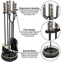 Amagabeli 30in Fireplace Tools Set Brass Handle 5Pieces Wrought Iron Indoor Fireset Stand Wood Log Holder Outdoor Fire Pit Hearth Accessories Kit Antique Fire Tongs Shovel Brush Chimney Poker Tool Set