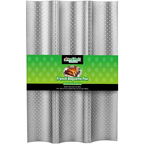 Amagabeli Nonstick French Baguette Pans for Baking 15”x9.6” Carbon Steel 3 Loaf Perforated Bread Tray Baguette Baking Tray Bake Mold Toast Cooking Oven Toaster Pan Cloche Waves Bakeware Silver