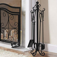 Amagabeli 5 Pieces Scroll Fireplace Tools Cast Iron Indoor Firewood Tools with Log Holder Outdoor Fireset Pit Stand Large Tongs Shovel Antique Broom Chimney Poker Wood Stove Hearth Accessories Black