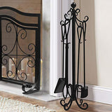 Amagabeli 5 Pieces Scroll Fireplace Tools Cast Iron Indoor Firewood Tools with Log Holder Outdoor Fireset Pit Stand Large Tongs Shovel Antique Broom Chimney Poker Wood Stove Hearth Accessories Black