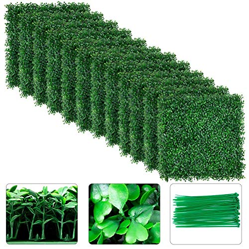 Amagabeli 4 Layers Leaves Artificial Boxwood Panels Topiary Hedge Plant UV Protected Privacy Hedge Screen High-Density Greenery Panels Grass Decor Indoor Outdoor 12 Pieces 20"x20" Backdrop Green Wall