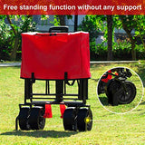 BEAU JARDIN Folding Wagon Cart with Brakes Free Standing Collapsible Utility Camping Grocery Canvas Fabric Sturdy Portable Rolling Buggies Outdoor Garden Sport Heavy Duty Shopping Cart Push Wagons Red