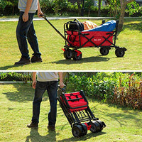 BEAU JARDIN Folding Wagon Cart with Brakes Free Standing Collapsible Utility Camping Grocery Canvas Fabric Sturdy Portable Rolling Buggies Outdoor Garden Sport Heavy Duty Shopping Cart Push Wagons Red