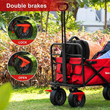BEAU JARDIN Folding Wagon Cart with Brakes Free Standing Collapsible Utility Camping Grocery Canvas Fabric Sturdy Portable Rolling Buggies Outdoor Garden Sport Heavy Duty Shopping Cart Push Wagons Red