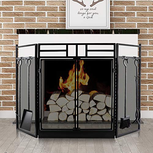 AMAGABELI Fireplace Screen With Tools - 48" Wide 3 Panel Spark Guard With Doors & Poker Set